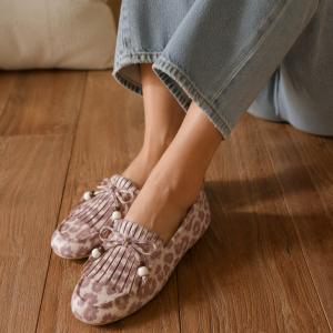Mocassins beige léopard à franges